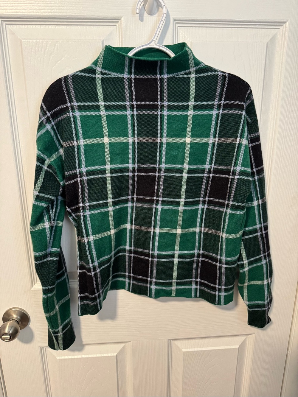 Tahari Green and Black Plaid Mock Neck Sweater